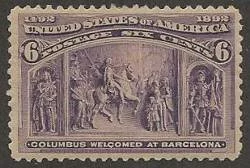 This 6 cent Columbian design is a copy of a relief from the door of the US Capitol and depicts the arrival of Christopher Columbus in Barcelona, Spain. This is a gorgeous purple stamp and is one of the most difficult stamps of the set to find well centered and its deep purple coloring is often faded.