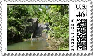 Personalized Stamps can be a great way to remember a hike like this one of a forgotten dam being overrun by jungle on the island of Guam in the South Pacific.