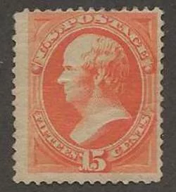 Mint Fifteen cent Webster Banknote stamps like this one are quite scarce and show off a bright orange color choice used during the heyday of private stamp printing.