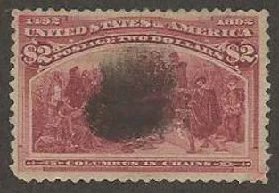 This Two Dollar Columbian US Stamp is fairly well centered but has an unfortunately heavy blob cancel and a hinge thin but is still a fairly scarce and valuable stamp.