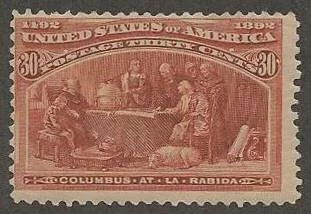 This 30 cent Columbian stamp is an orange brown example that is badly off-center, which is common for these stamps. 