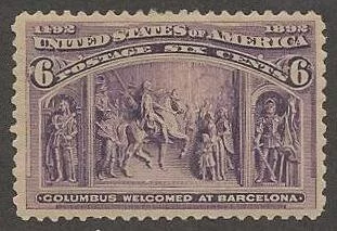 The 6 cent Columbian stamp is difficult to find well centered like this example that really highlights the artistry and beauty of the purple inking of Columbus being welcomed to Barcelona by Queen Isabella.