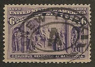 The 6 cent Columbian stamps proclaim the glory of human spirit and adventure with a purple printing of Columbus being welcomed to Barcelona.