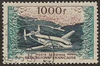 This multi-colored France Airmail stamp (Scott #C32) is a tasty find to for those into airplane topical stamp collecting. The neat, clear 1957 cancel just adds to its desirability.