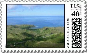 Custom postage stamps capture this Pacific Ocean Overlook in a beautiful afternoon on the Island of Guam. The crystal blue ocean in the distance is a nice contrast with the deep green of the lush tropical island.