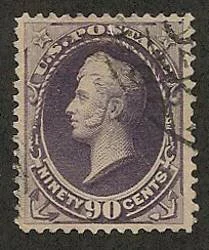 Purple 90 cent Banknote stamps like this one were printed by the American Bank Note Company in 1888 and show a profile of Commodore Oliver Hazard Perry.