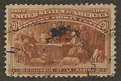 This thirty cent Columbian stamp has been used and retains some irregular black cancellation markings. Black cancellations are the most common used on this stamp which includes many Registered cancellations.