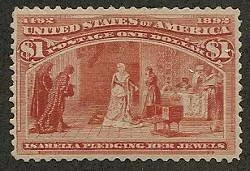 This One Dollar Columbian depicts Queen Isabella offering to pawn her royal jewels to pay for Columbus' expedition to sail west. Whether this ever happened is up for debate but the story has lived on for 5 centuries.