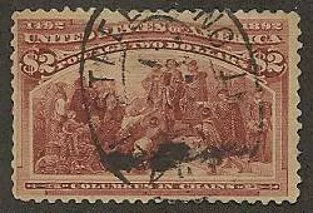This Two Dollar Columbian stamp, highly prized in stamp collecting, has a neat Wall Street Station cancel.