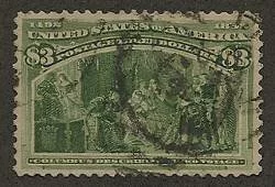 This three dollar Columbian depicts Columbus describing his voyage to the royal court of Queen Isabella. Fewer than 25,000 of these stamps were purchased after they were released in 1893 which, when combined with the gorgeous engraving, explains why this is such a scarce and valuable stamp today.
